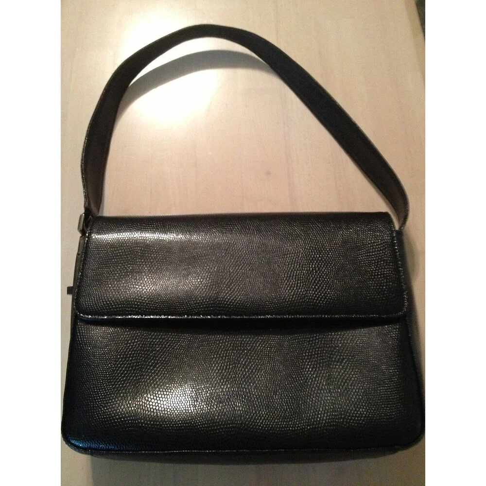 M. London Women's Vintage Handbag Black Leather Croc Embossed Purse